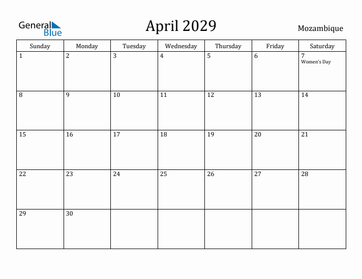 April 2029 Calendar Mozambique