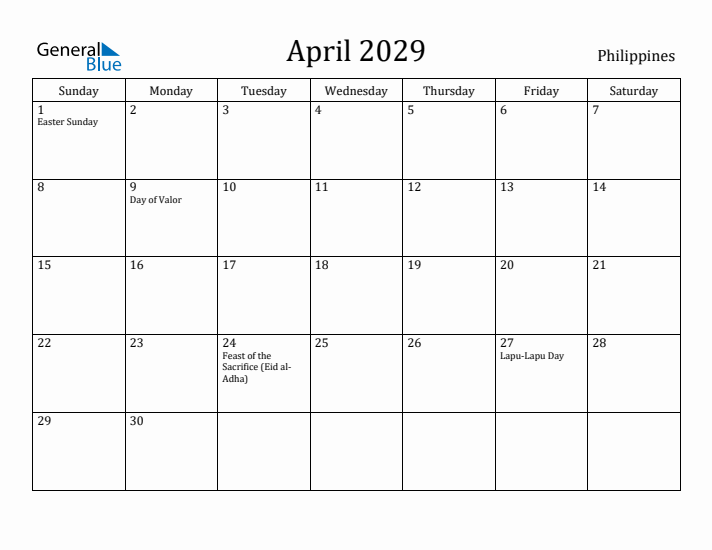 April 2029 Calendar Philippines