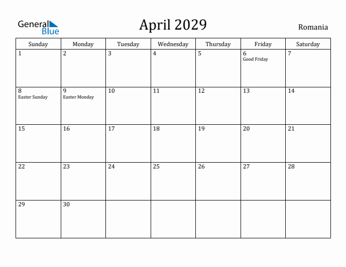 April 2029 Calendar Romania