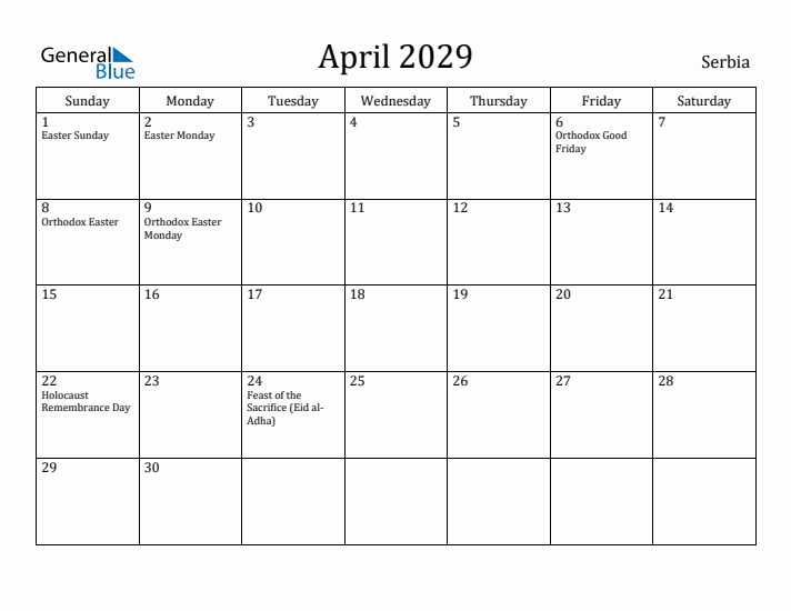 April 2029 Calendar Serbia