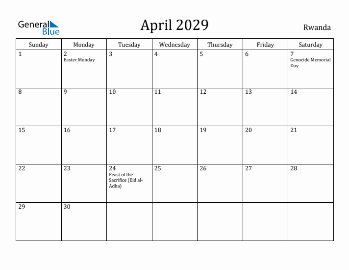 April 2029 Calendar Rwanda