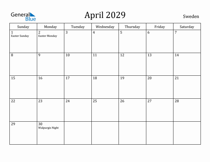 April 2029 Calendar Sweden