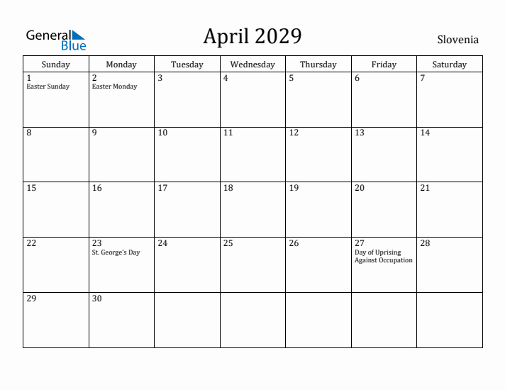 April 2029 Calendar Slovenia