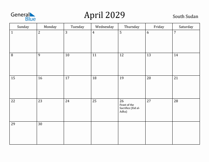April 2029 Calendar South Sudan