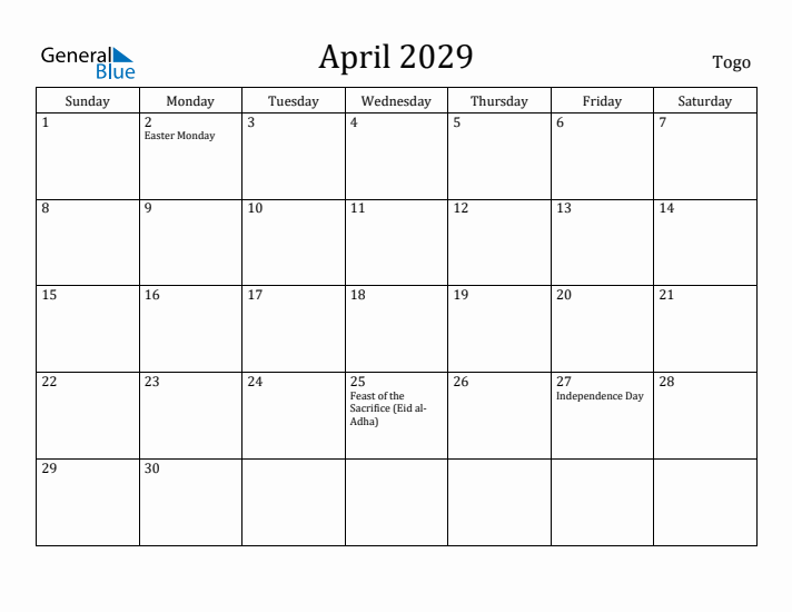April 2029 Calendar Togo