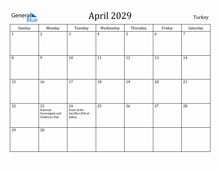 April 2029 Calendar Turkey