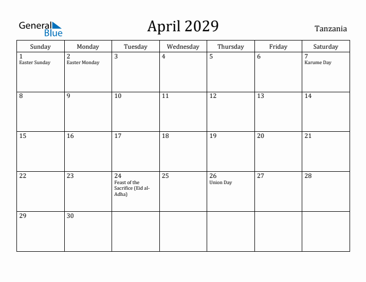 April 2029 Calendar Tanzania