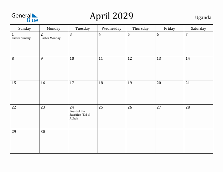 April 2029 Calendar Uganda