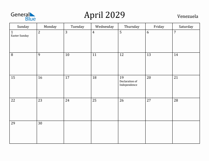 April 2029 Calendar Venezuela