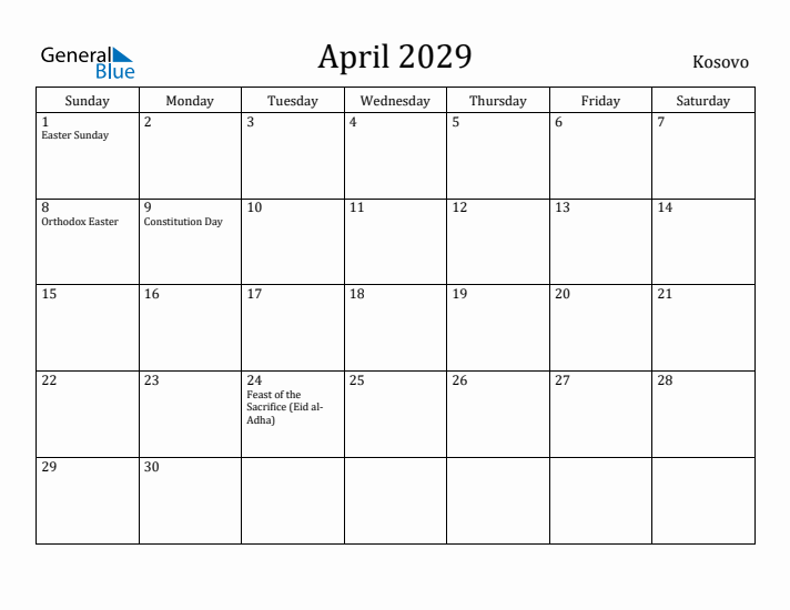 April 2029 Calendar Kosovo