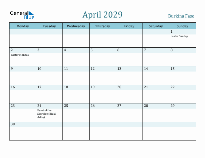 April 2029 Calendar with Holidays