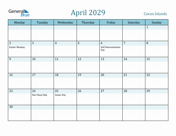 April 2029 Calendar with Holidays