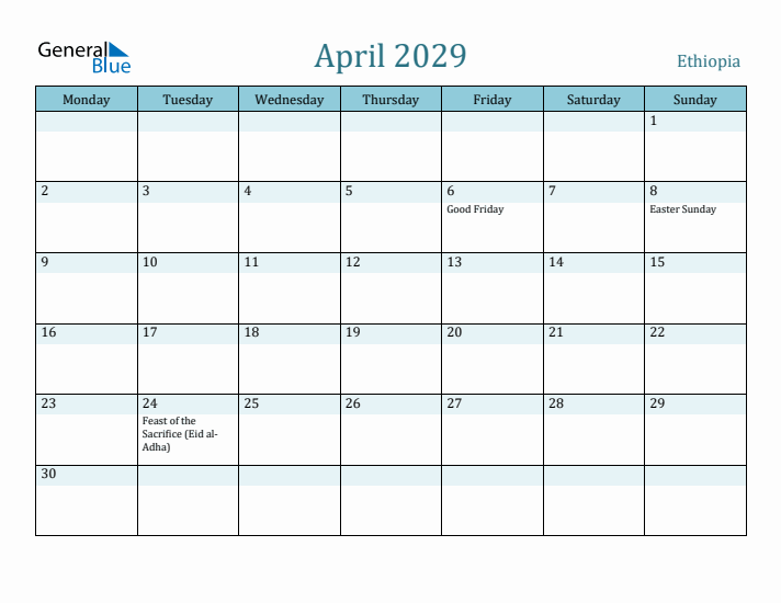 April 2029 Calendar with Holidays