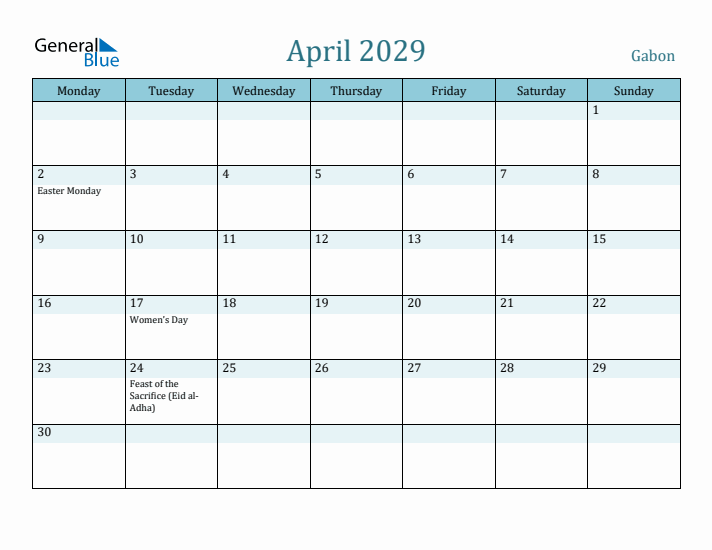 April 2029 Calendar with Holidays