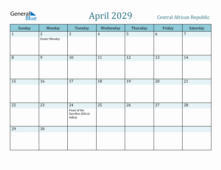 April 2029 Calendar with Holidays