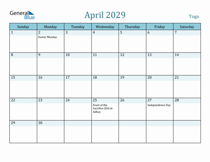 April 2029 Calendar with Holidays