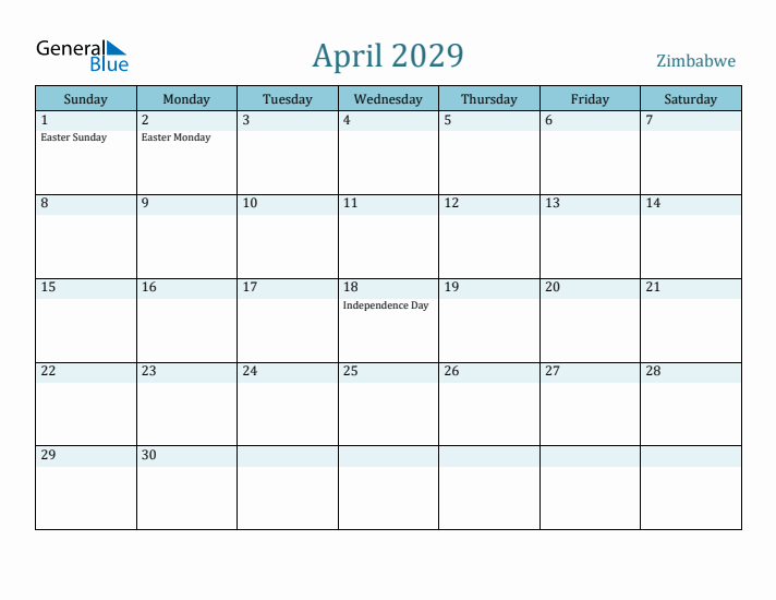 April 2029 Calendar with Holidays