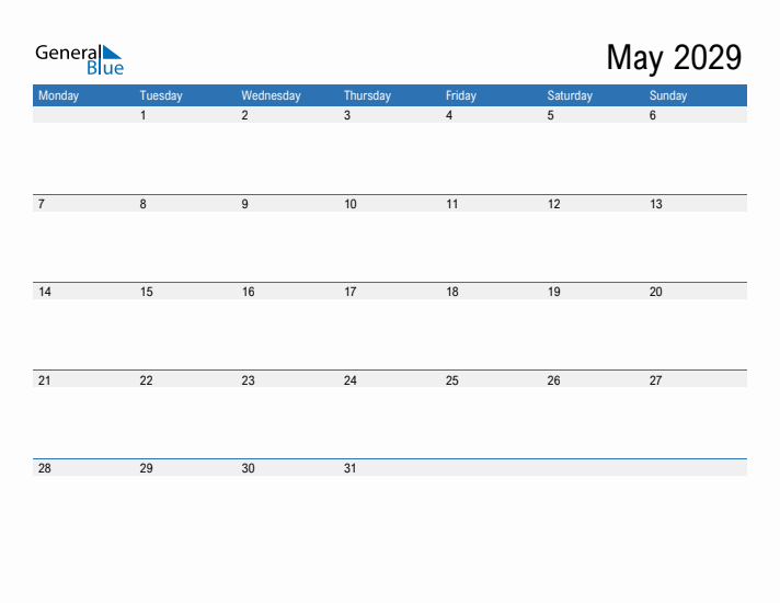 Fillable Calendar for May 2029