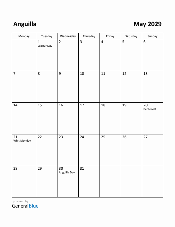 May 2029 Calendar with Anguilla Holidays