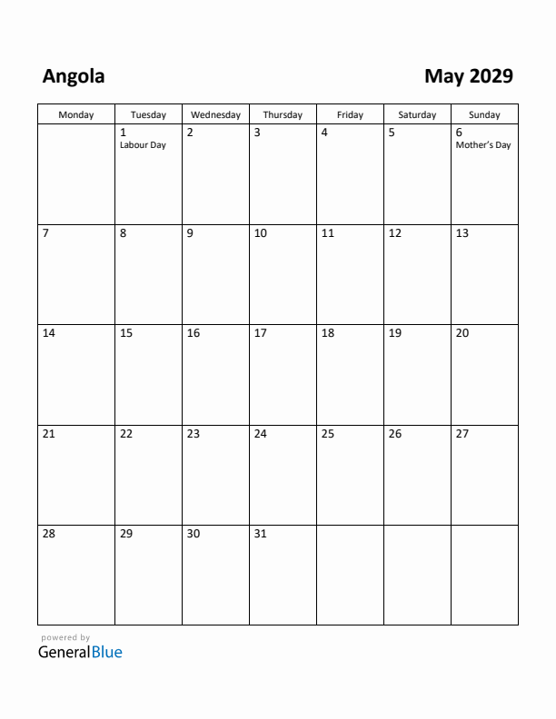 May 2029 Calendar with Angola Holidays