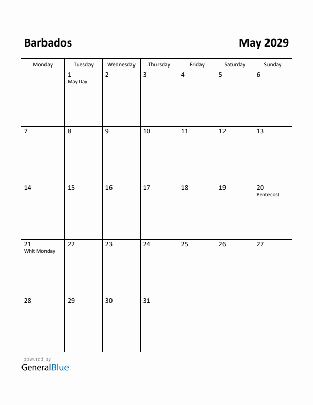 May 2029 Calendar with Barbados Holidays