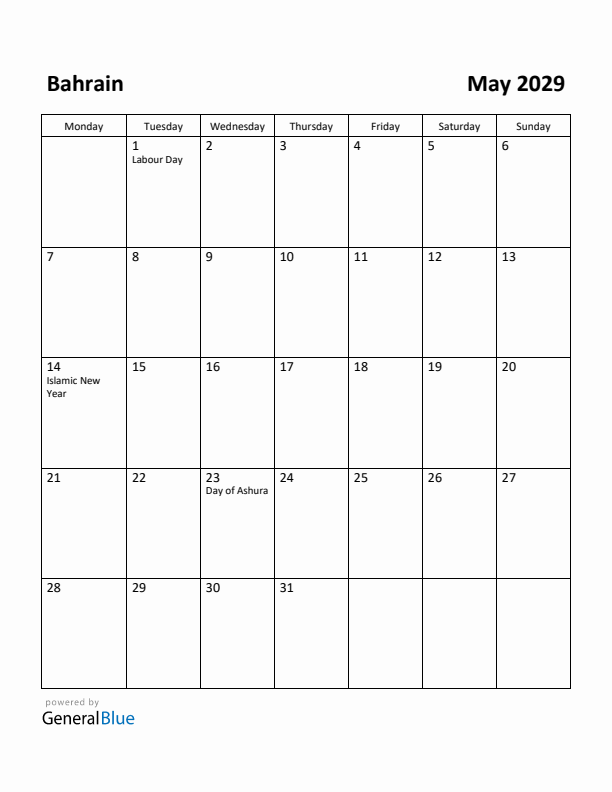 May 2029 Calendar with Bahrain Holidays