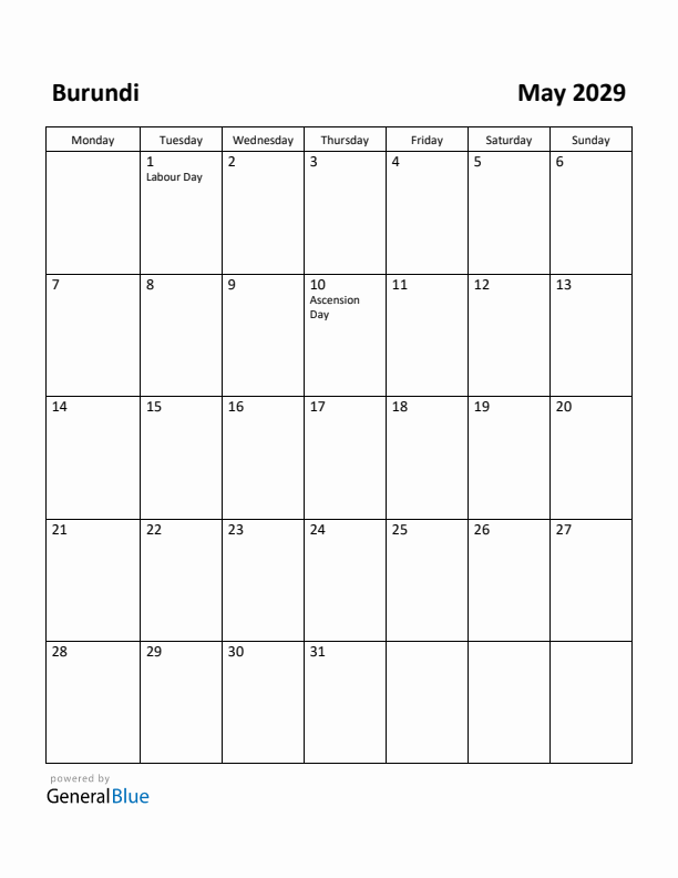 May 2029 Calendar with Burundi Holidays