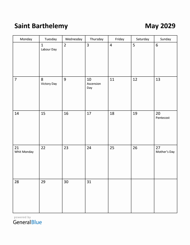 May 2029 Calendar with Saint Barthelemy Holidays