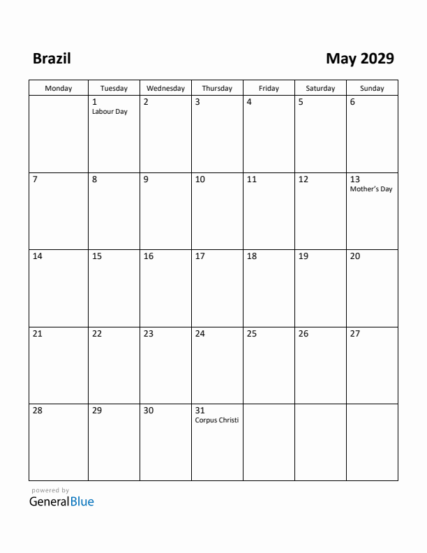 May 2029 Calendar with Brazil Holidays