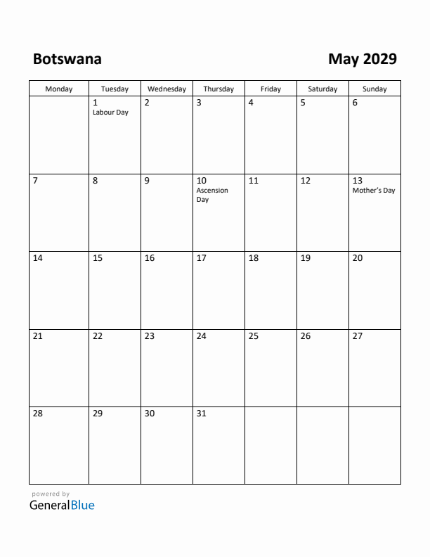 May 2029 Calendar with Botswana Holidays