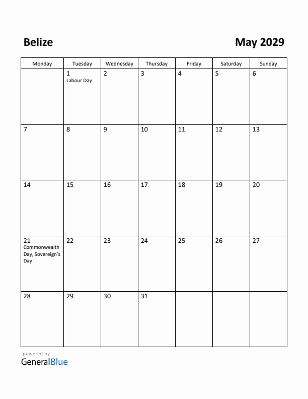 May 2029 Calendar with Belize Holidays