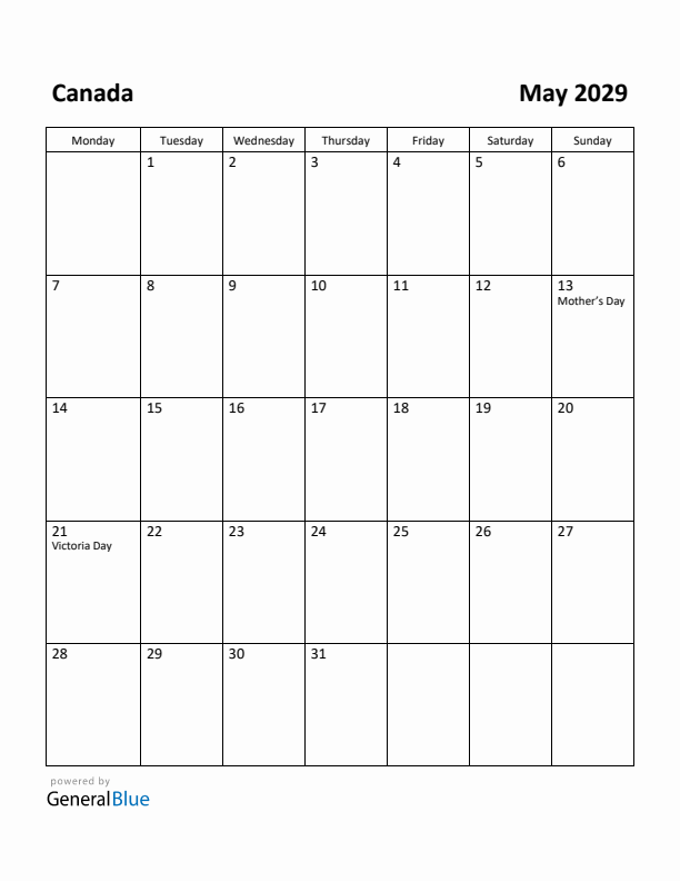May 2029 Calendar with Canada Holidays