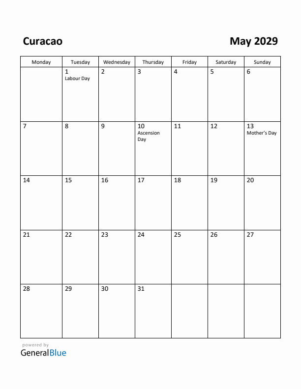 May 2029 Calendar with Curacao Holidays