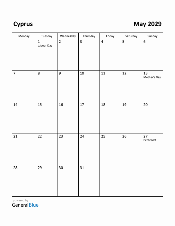 May 2029 Calendar with Cyprus Holidays