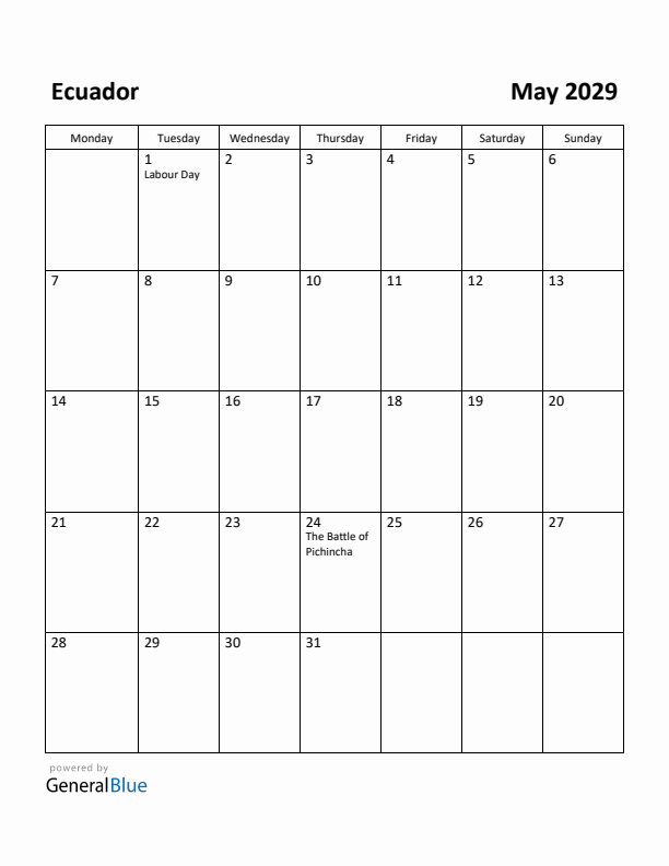 May 2029 Calendar with Ecuador Holidays
