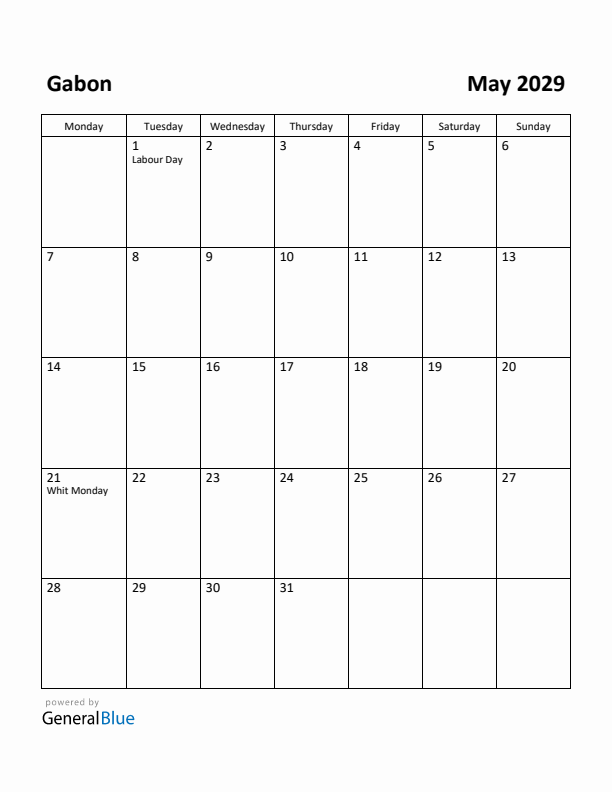 May 2029 Calendar with Gabon Holidays