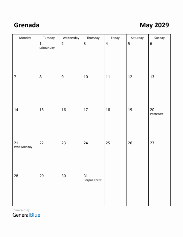 May 2029 Calendar with Grenada Holidays