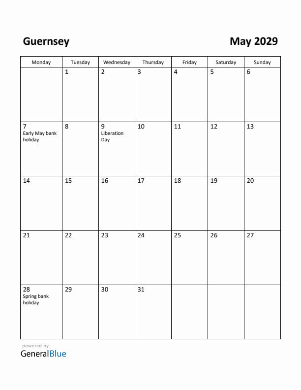 May 2029 Calendar with Guernsey Holidays