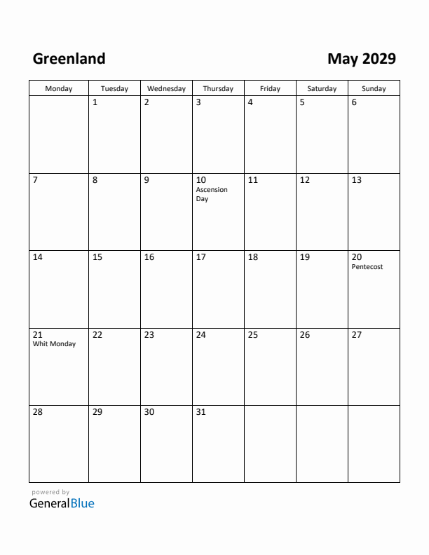 May 2029 Calendar with Greenland Holidays