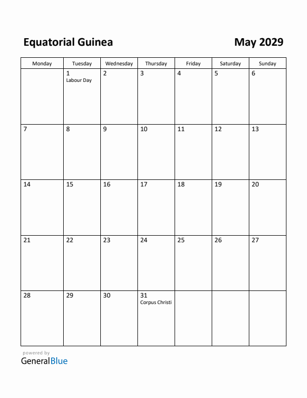 May 2029 Calendar with Equatorial Guinea Holidays