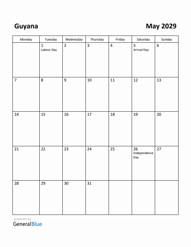 May 2029 Calendar with Guyana Holidays