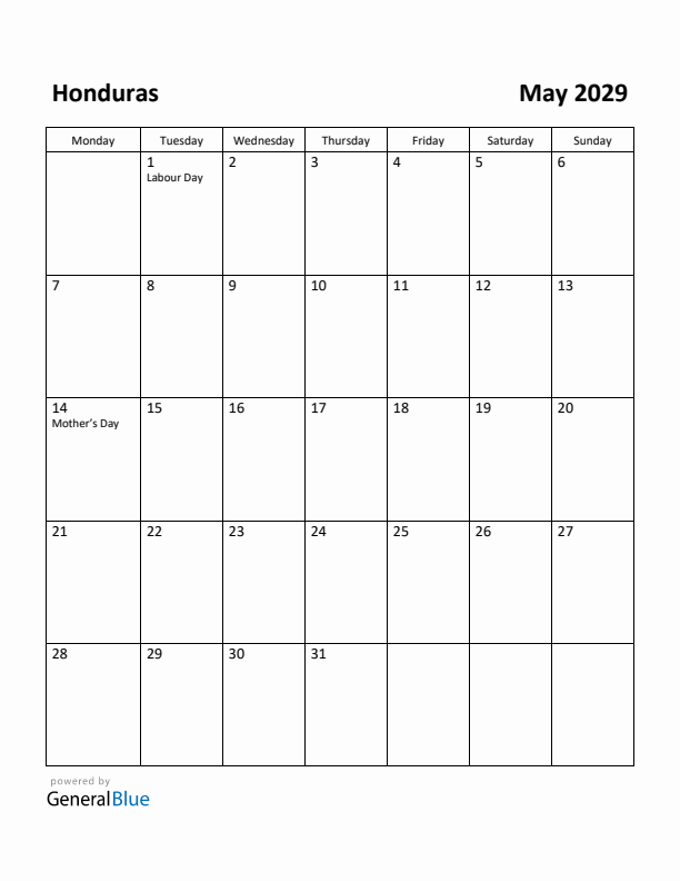 May 2029 Calendar with Honduras Holidays