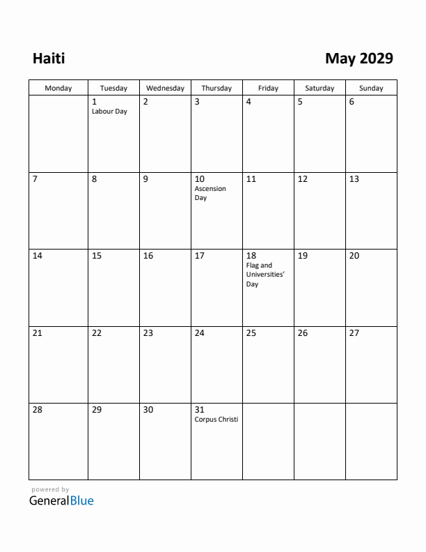 May 2029 Calendar with Haiti Holidays