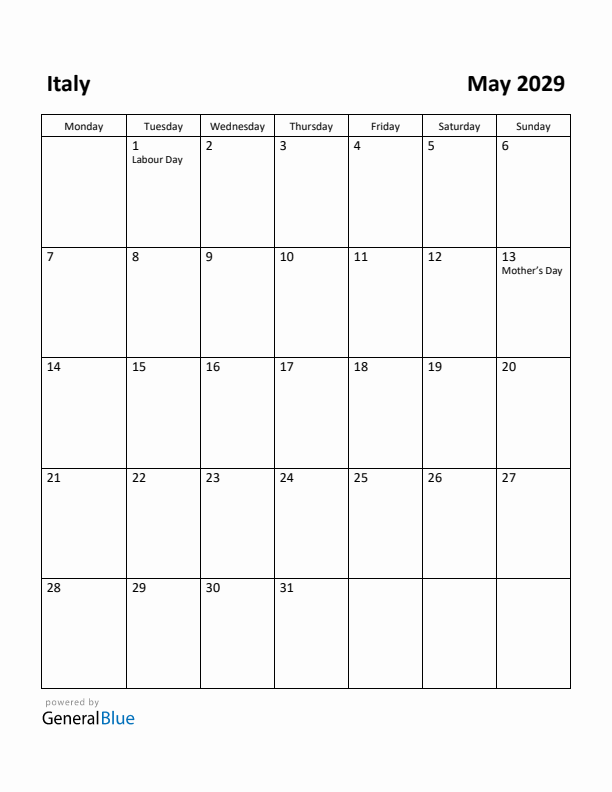 May 2029 Calendar with Italy Holidays