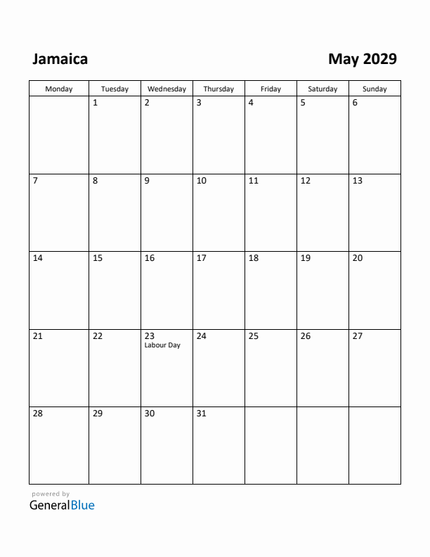 May 2029 Calendar with Jamaica Holidays
