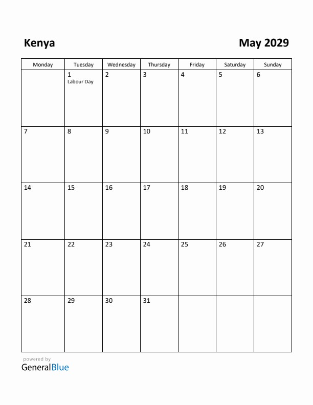May 2029 Calendar with Kenya Holidays
