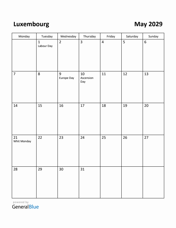 May 2029 Calendar with Luxembourg Holidays