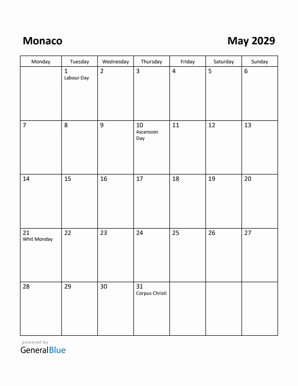 May 2029 Calendar with Monaco Holidays