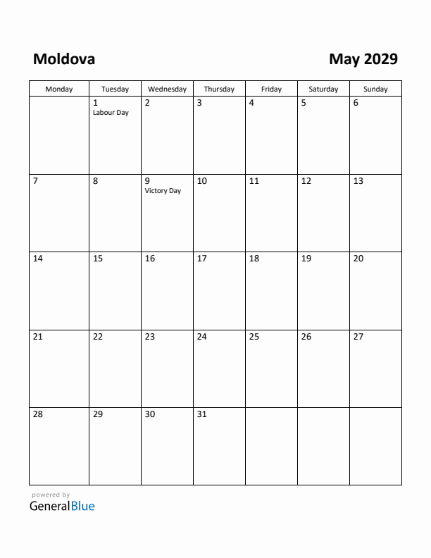 May 2029 Calendar with Moldova Holidays