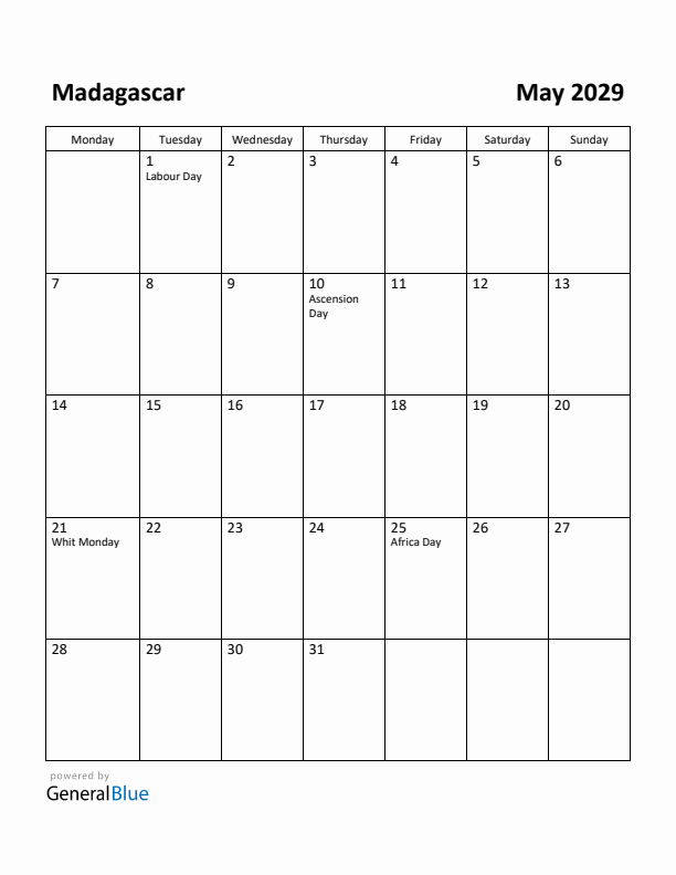 May 2029 Calendar with Madagascar Holidays